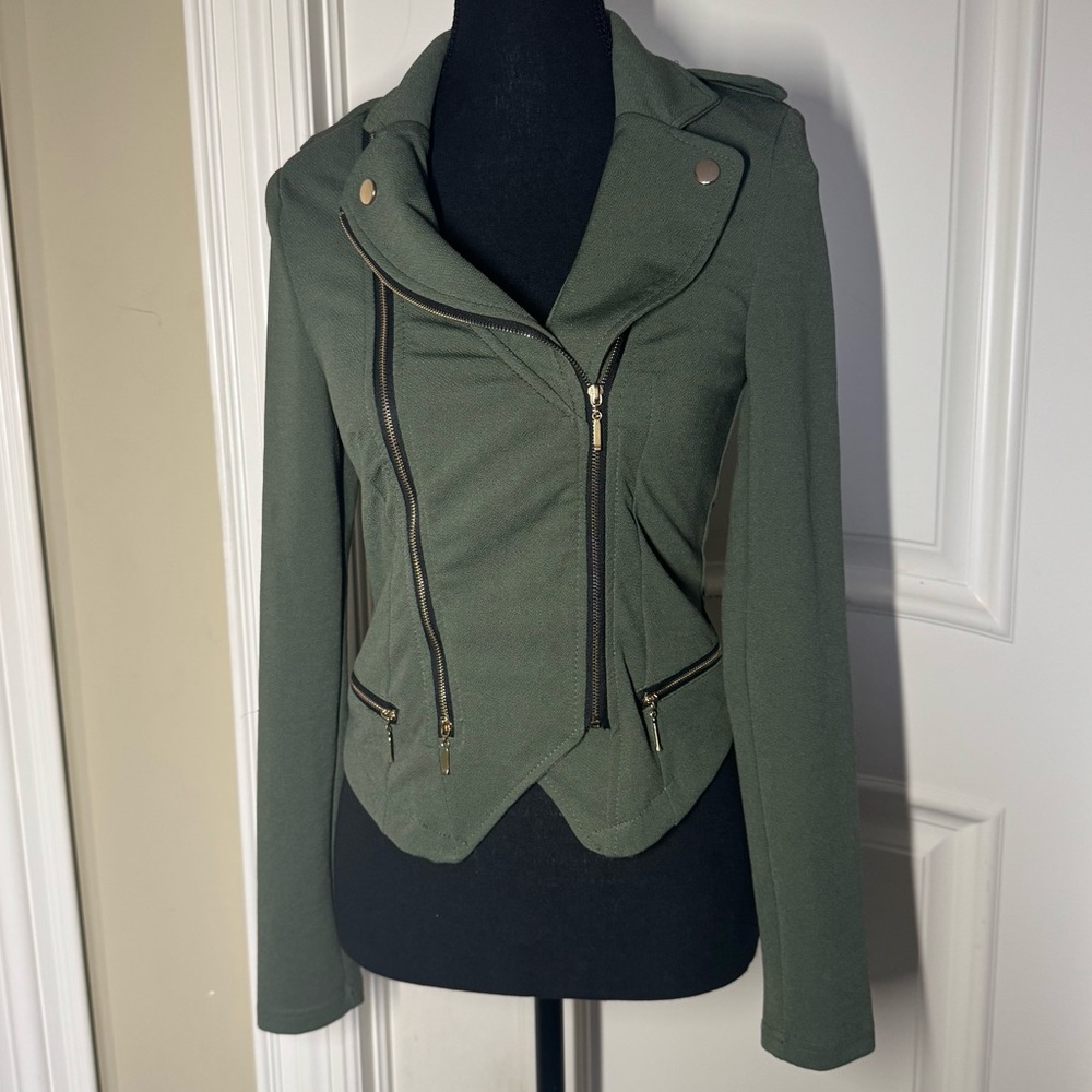 UK2LA Green Jacket with Asymmetrical Gold Zipper Detailing